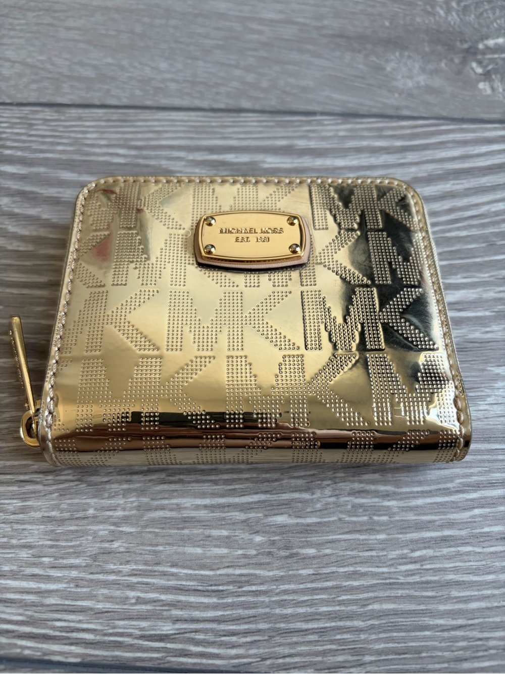 Michael Kors Gold Metallic MK Logo Zip Wallet